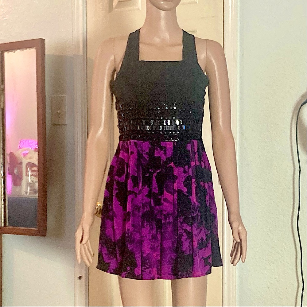 Bebe Black and Magenta Beaded Silk Mini Dress Size XXS